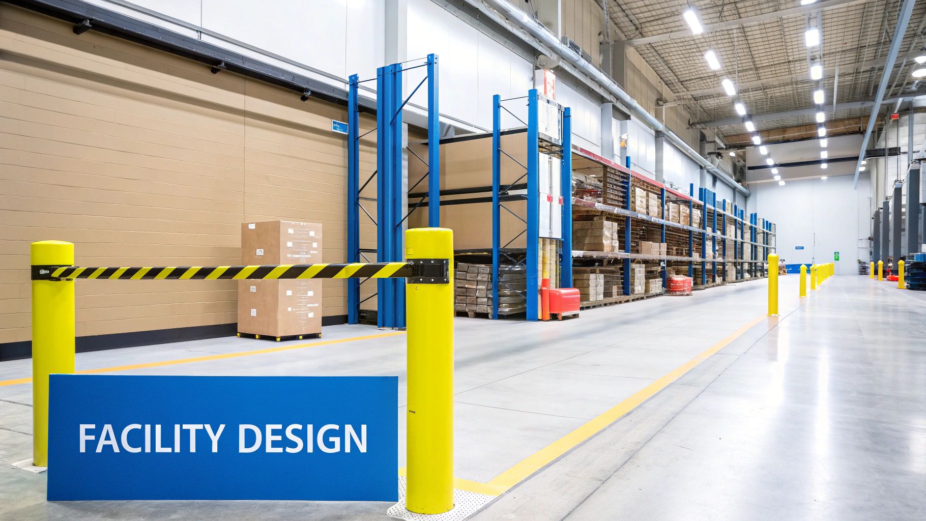 A well-organized warehouse showing designated areas for hazardous materials storage with clear signage and containment systems.